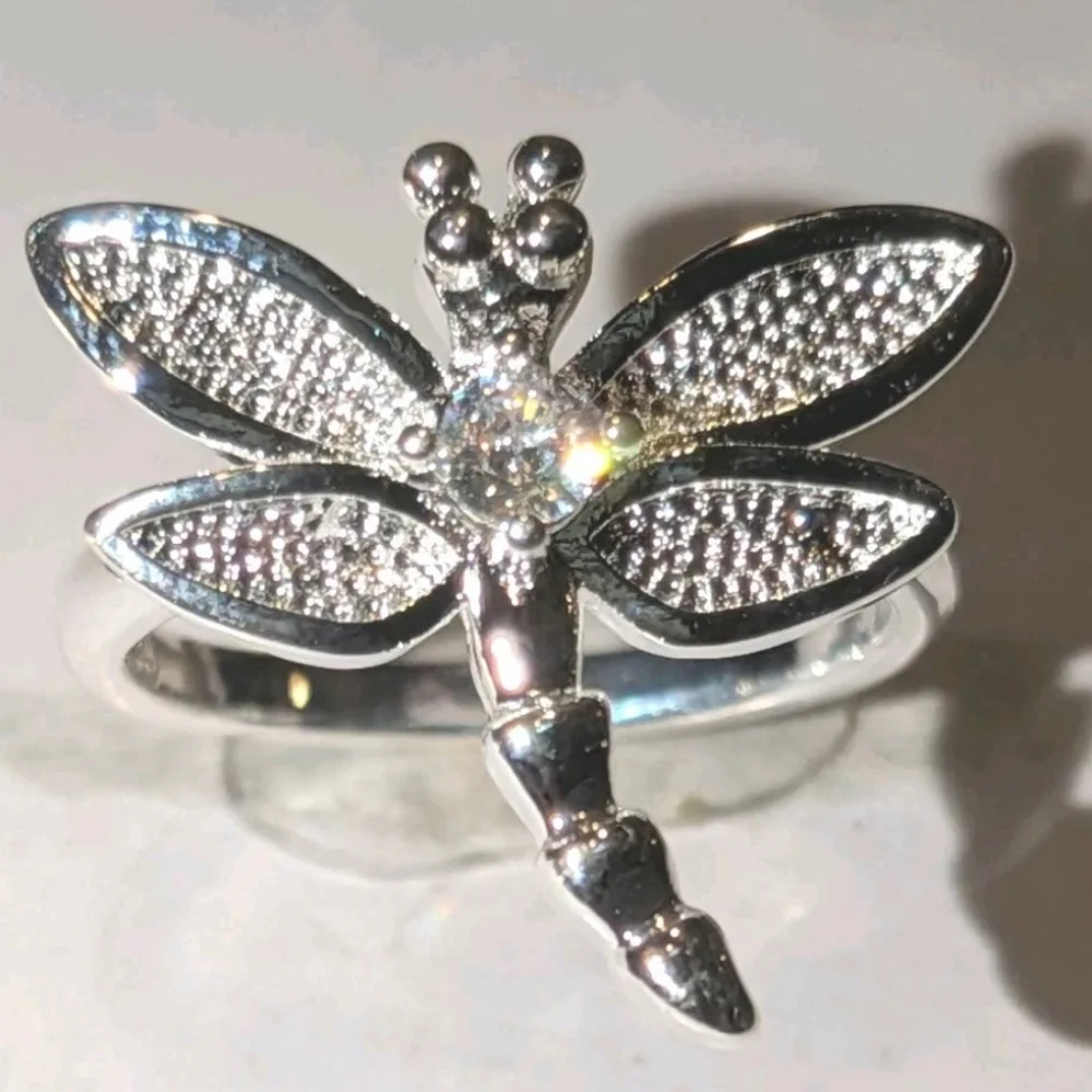 Vintage Women's Quality 925 Sterling Silver CZ Diamond  Dragonfly Ring  Size 5